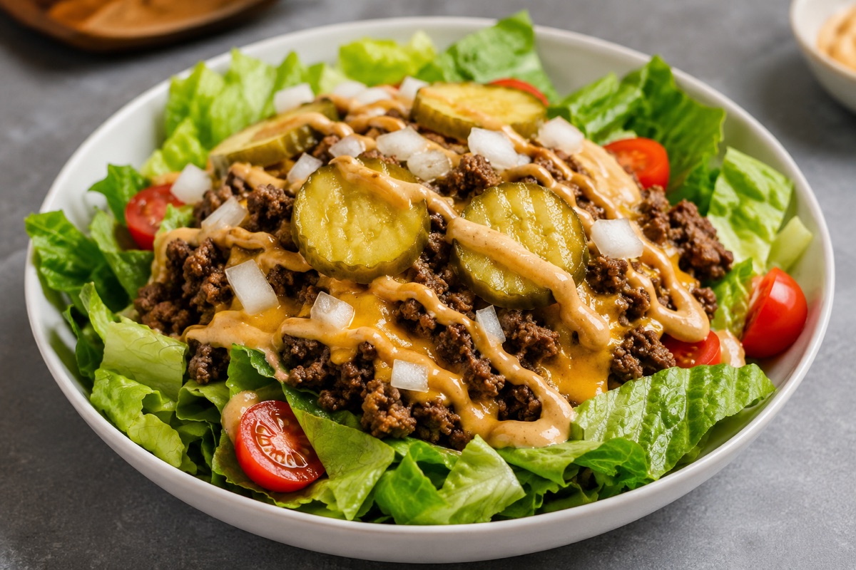 Bunless burger salad — 560 kcal, 38g protein
