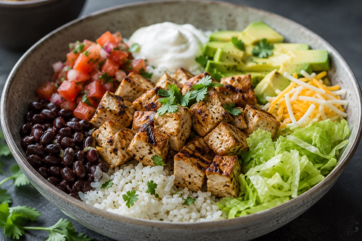 Chicken burrito bowl — 620 kcal, 42g protein