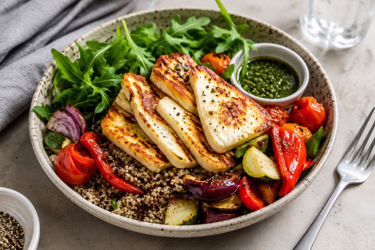 Halloumi & quinoa bowl — 570 kcal, 27g protein