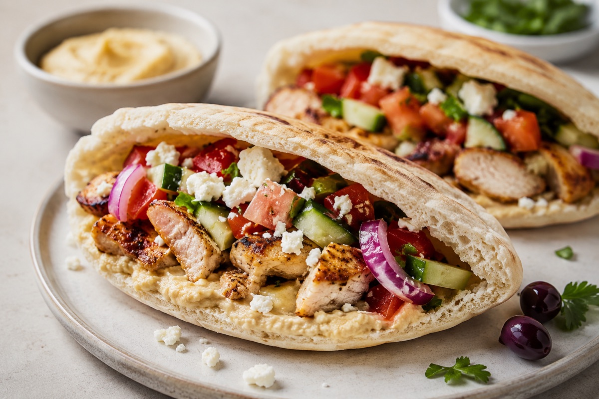 Mediterranean chicken pita — 540 kcal, 36g protein