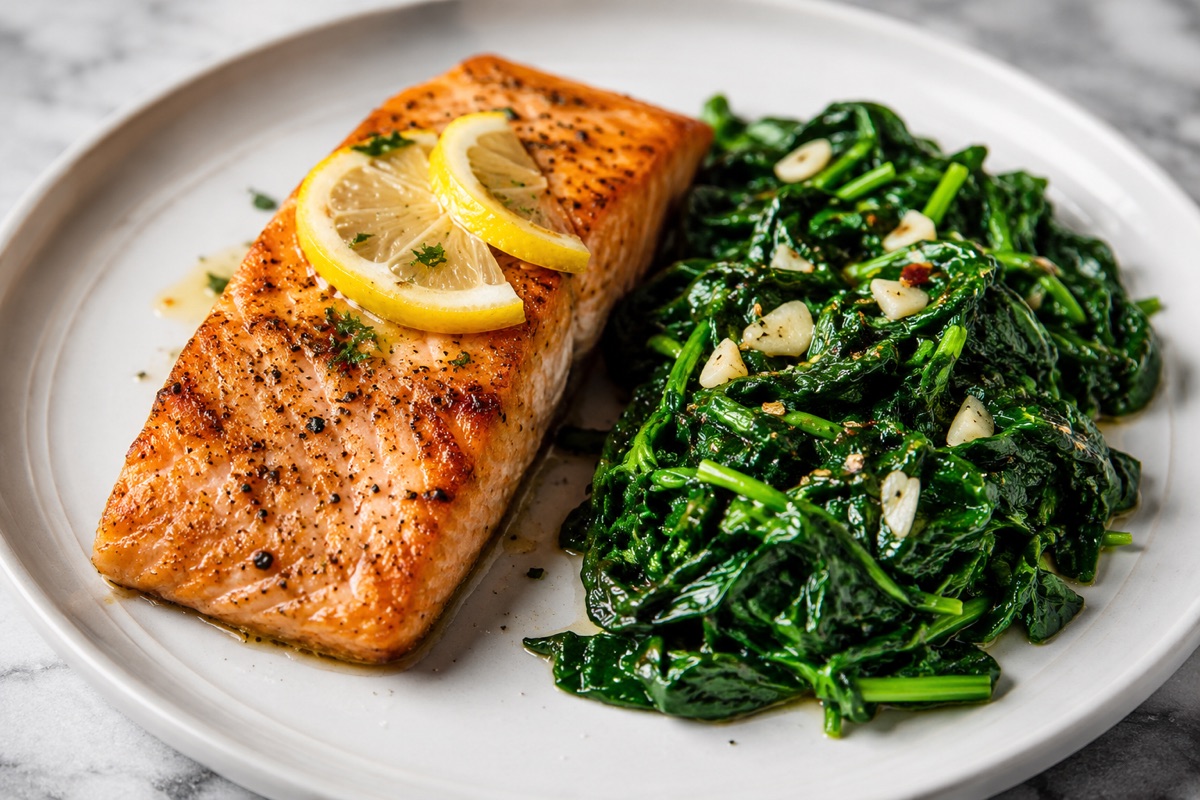 Salmon with garlic-butter greens — 520 kcal, 40g protein
