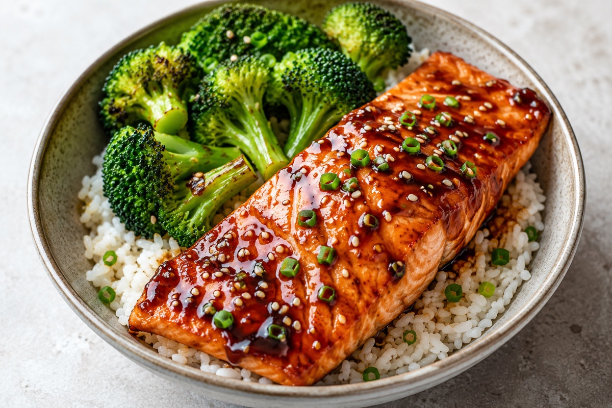 Teriyaki salmon rice bowl — 590 kcal, 38g protein