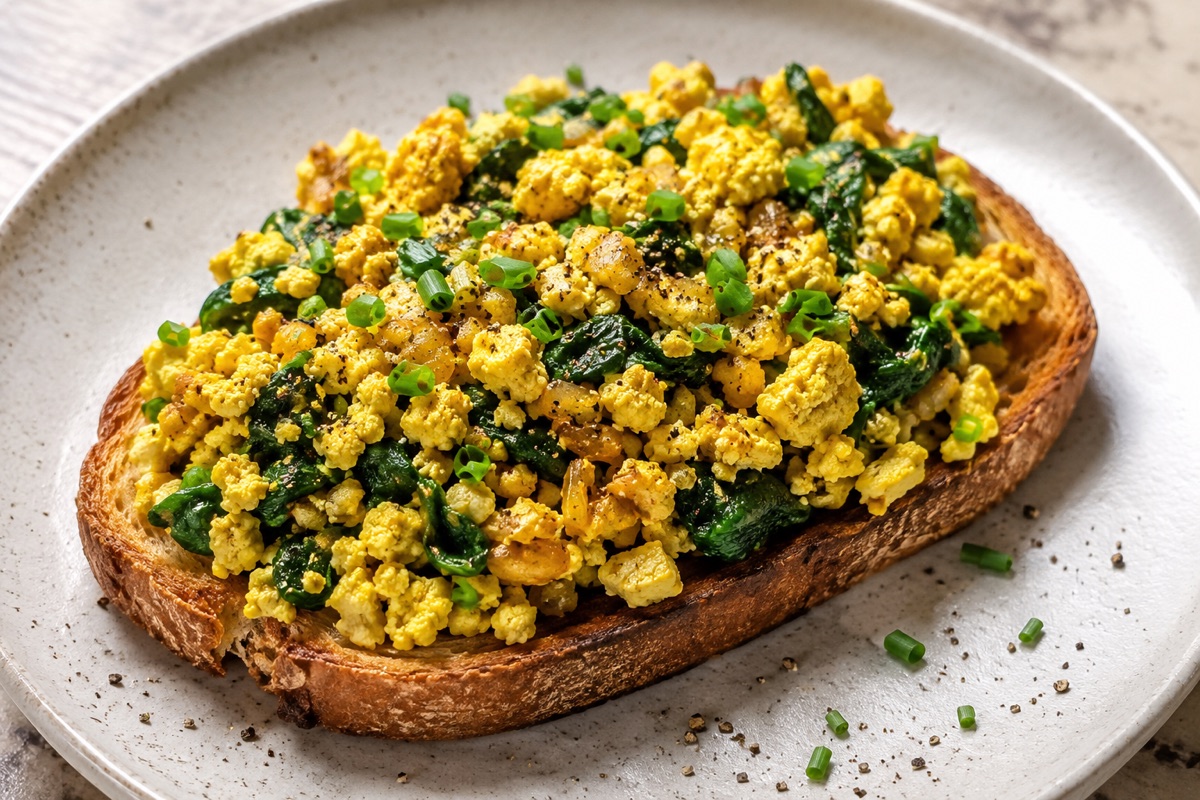 Tofu scramble on toast — 430 kcal, 26g protein