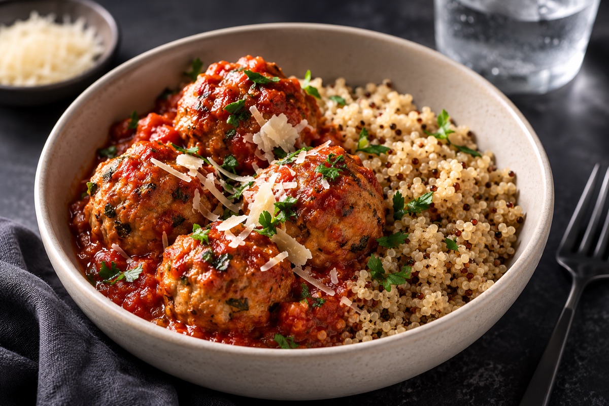 Turkey meatballs with quinoa — 570 kcal, 44g protein